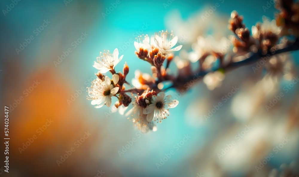  a close up of a branch with white flowers on it.  generative ai