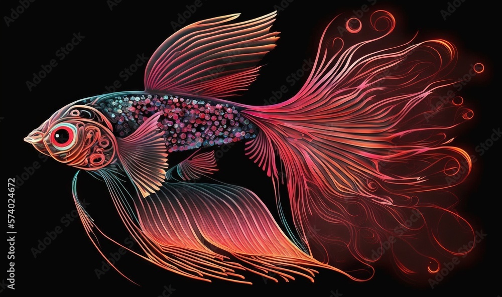  a colorful fish on a black background with a black background.  generative ai