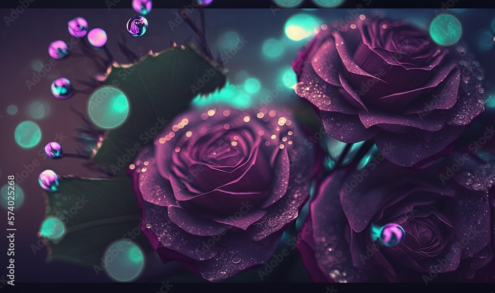  three purple roses with water droplets on them and green leaves.  generative ai