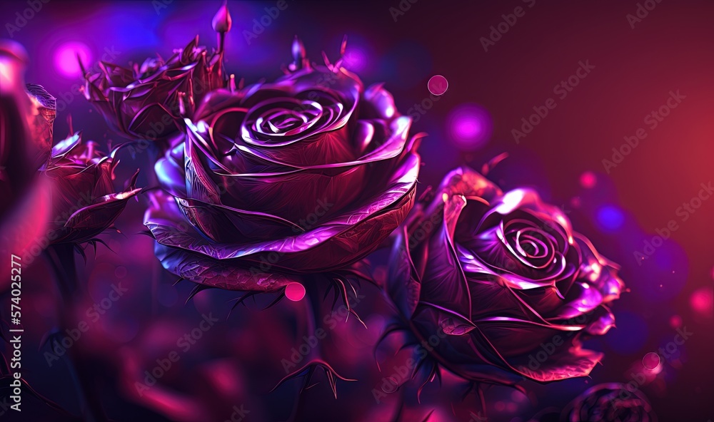  a bunch of purple roses on a black background with a purple light.  generative ai