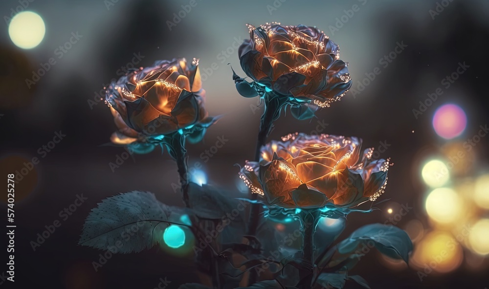  three roses with lights in the background and a blurry background.  generative ai