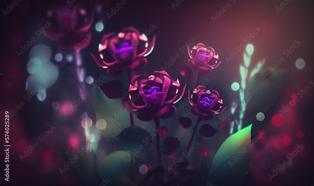  a bunch of flowers that are in the dark with lights.  generative ai