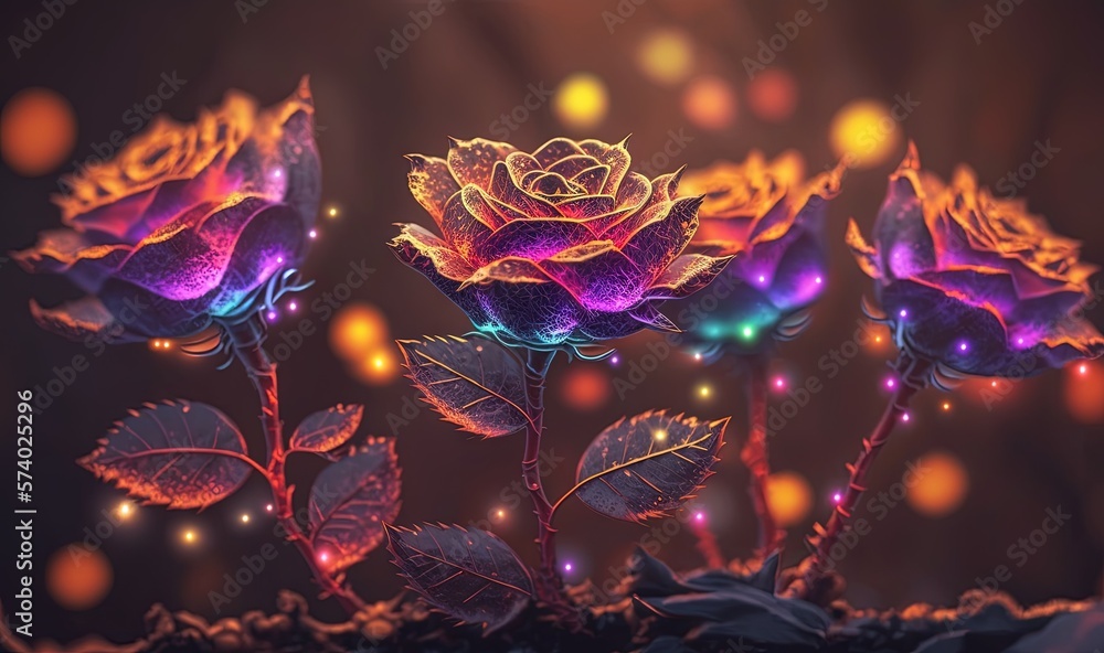  a painting of three roses on a dark background with lights.  generative ai