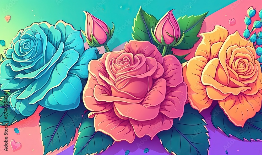  three colorful roses on a pink, blue, and purple background.  generative ai