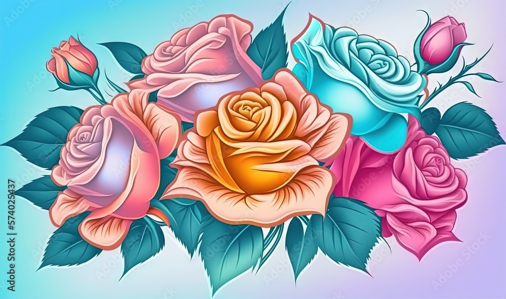  a bouquet of colorful roses on a blue and pink background.  generative ai