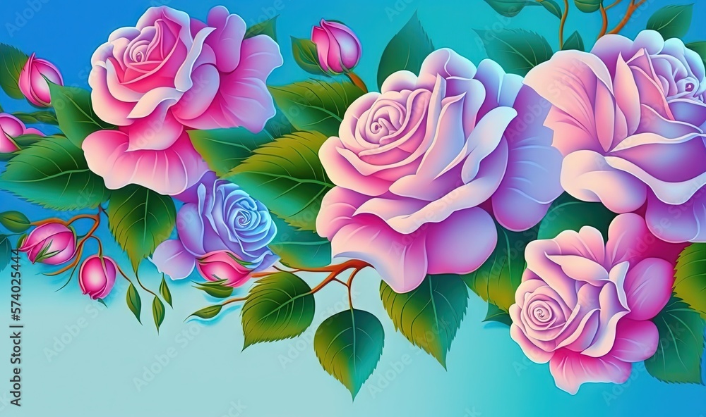  a bunch of pink roses with green leaves on a blue background.  generative ai