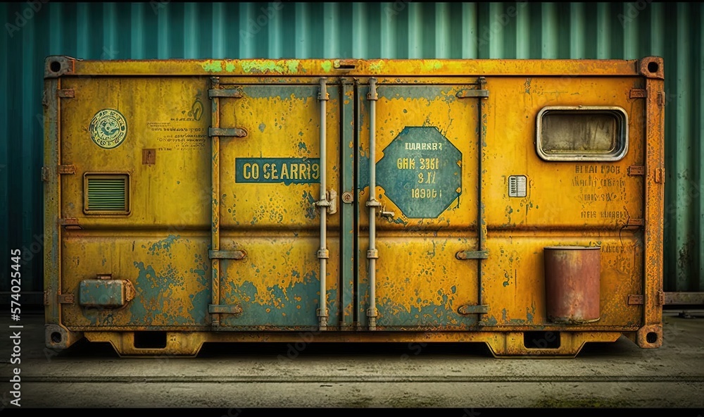  an old yellow box car sitting in front of a green wall.  generative ai