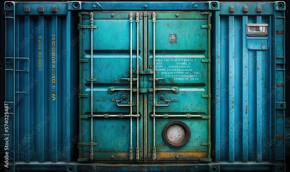  a close up of a blue container with a metal door.  generative ai