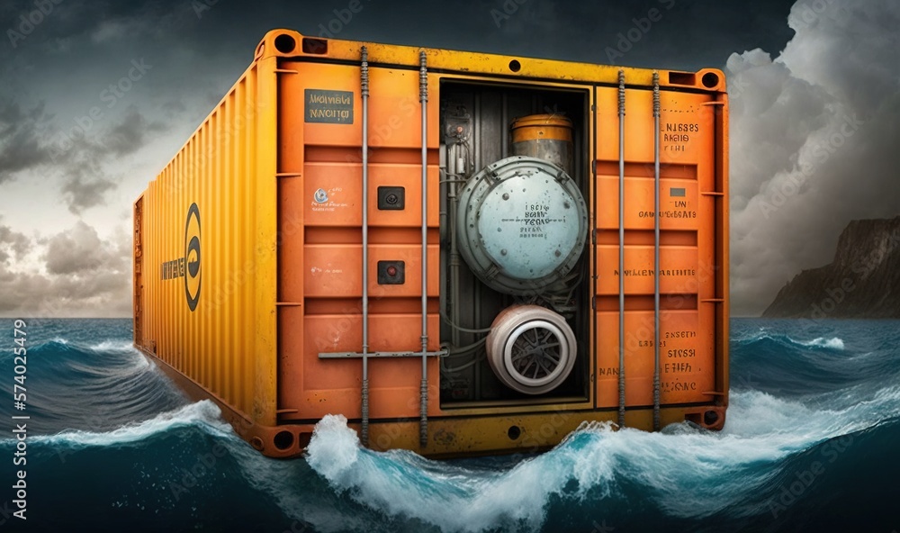  an orange container floating in the ocean with a clock inside.  generative ai