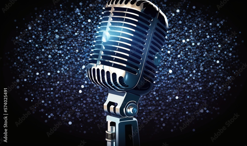  a black microphone with a blue background and stars in the background.  generative ai