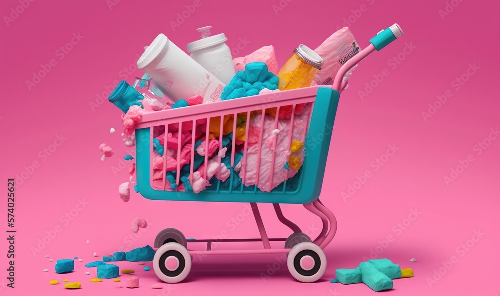  a shopping cart filled with lots of different items on a pink background.  generative ai