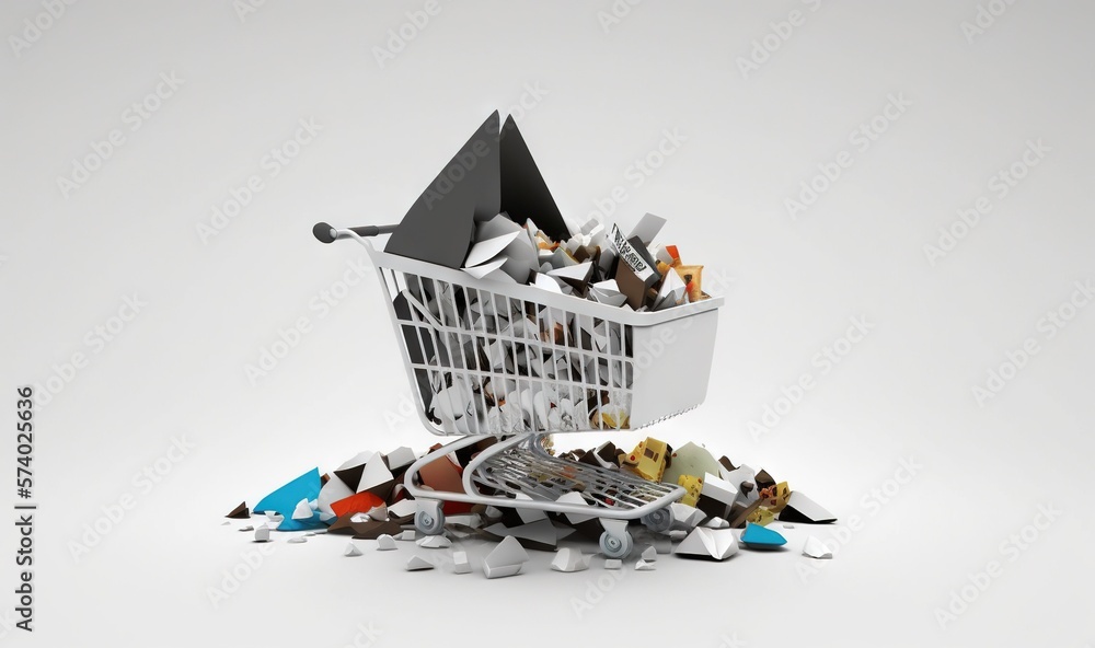  a shopping cart filled with assorted items on a white background.  generative ai