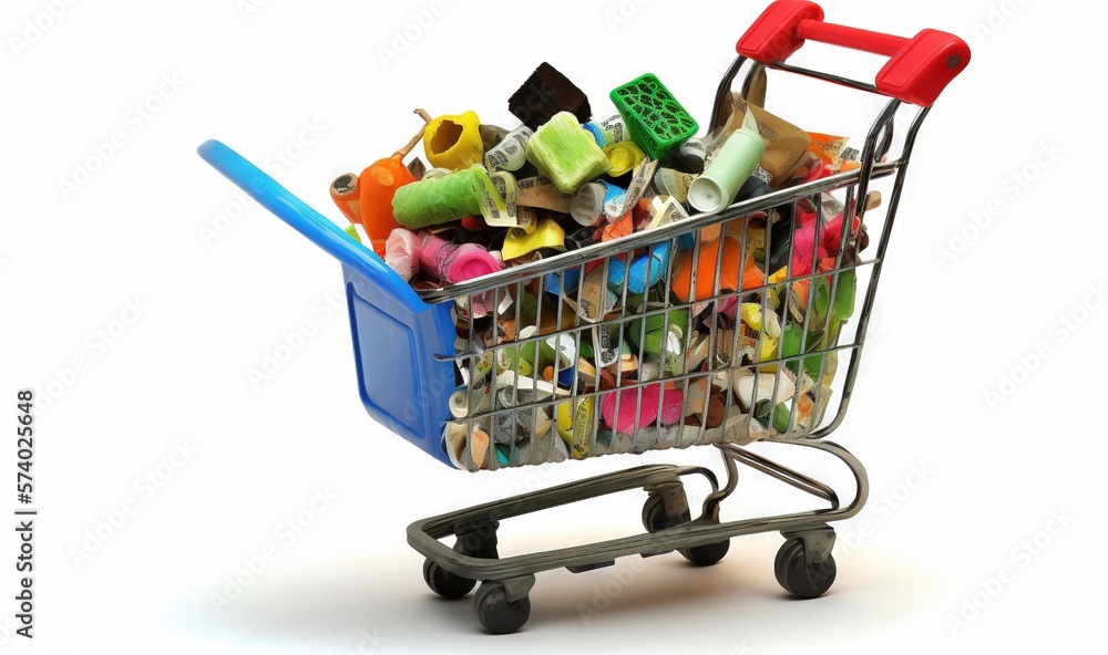  a shopping cart filled with lots of different colored items on a white background.  generative ai