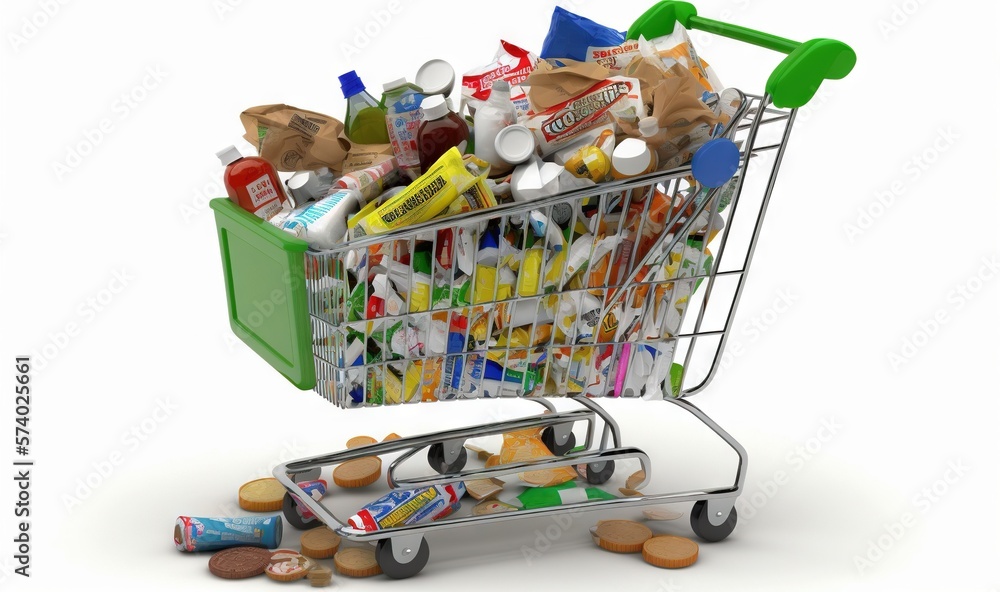  a shopping cart filled with lots of different types of items.  generative ai