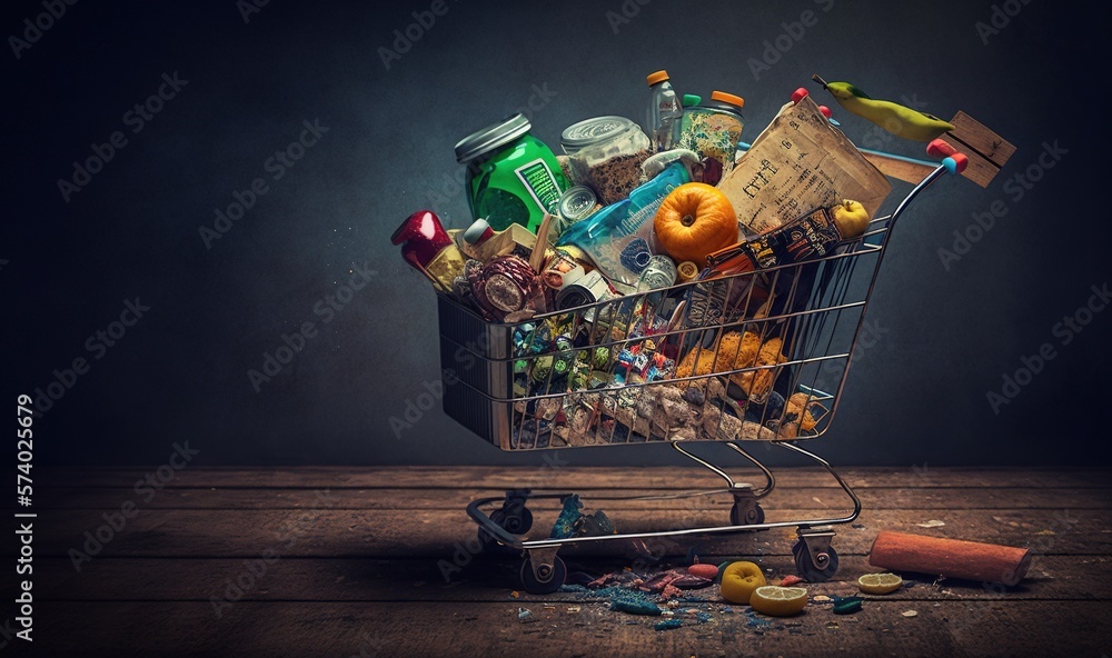  a shopping cart full of junk on a wooden table with a bottle of alcohol.  generative ai