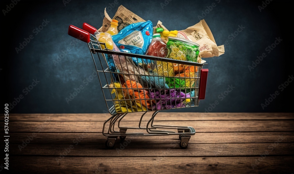  a shopping cart full of groceries on a wooden table with a dark background.  generative ai