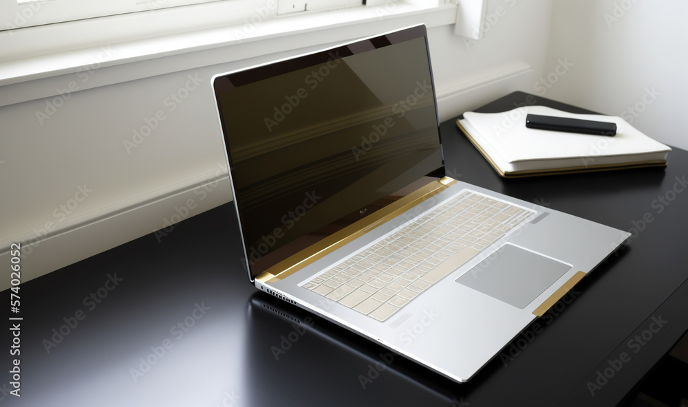  an open laptop computer sitting on top of a black desk.  generative ai