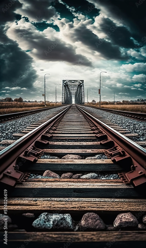  a train track with a bridge in the distance under a cloudy sky.  generative ai