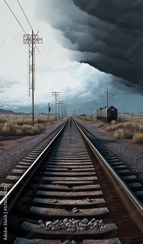  a train track with a train on it under a cloudy sky.  generative ai