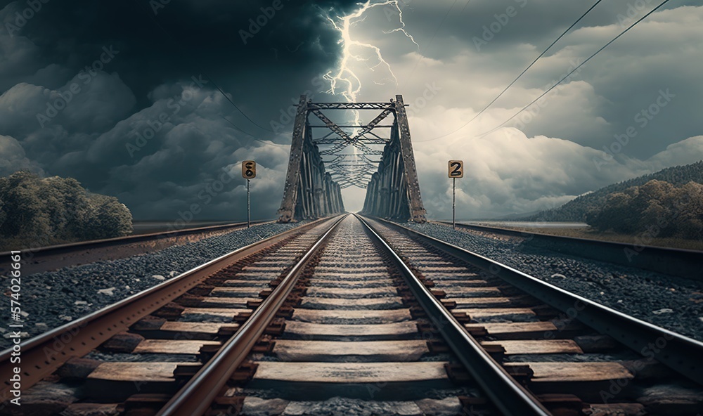  a train track with a lightning bolt in the sky above it.  generative ai