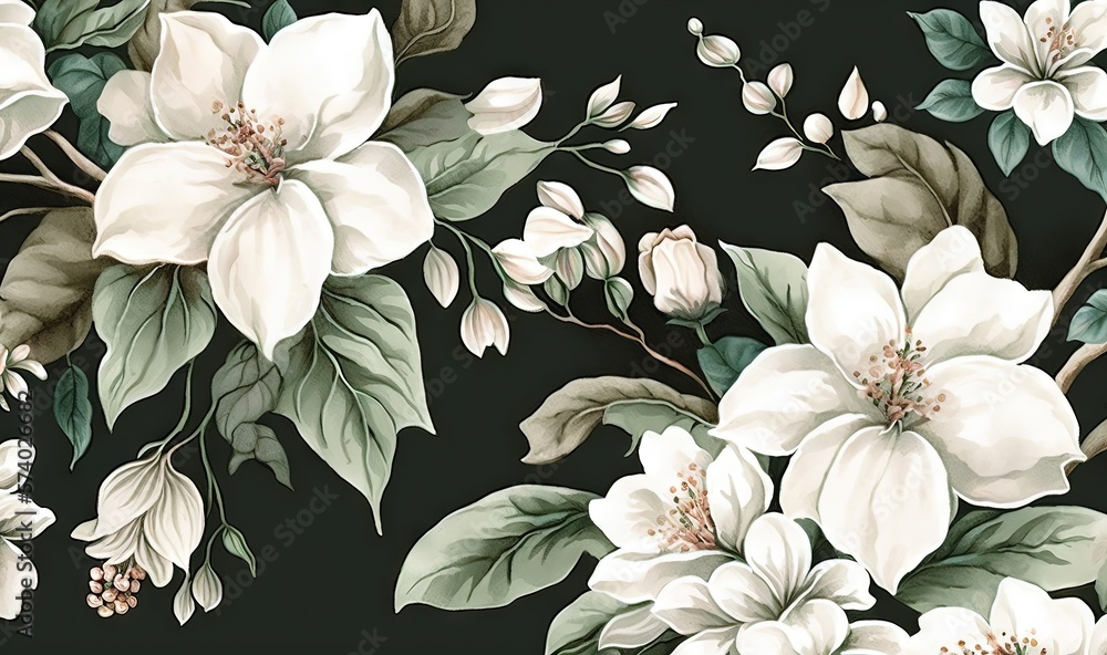  a black background with white flowers and green leaves on it.  generative ai