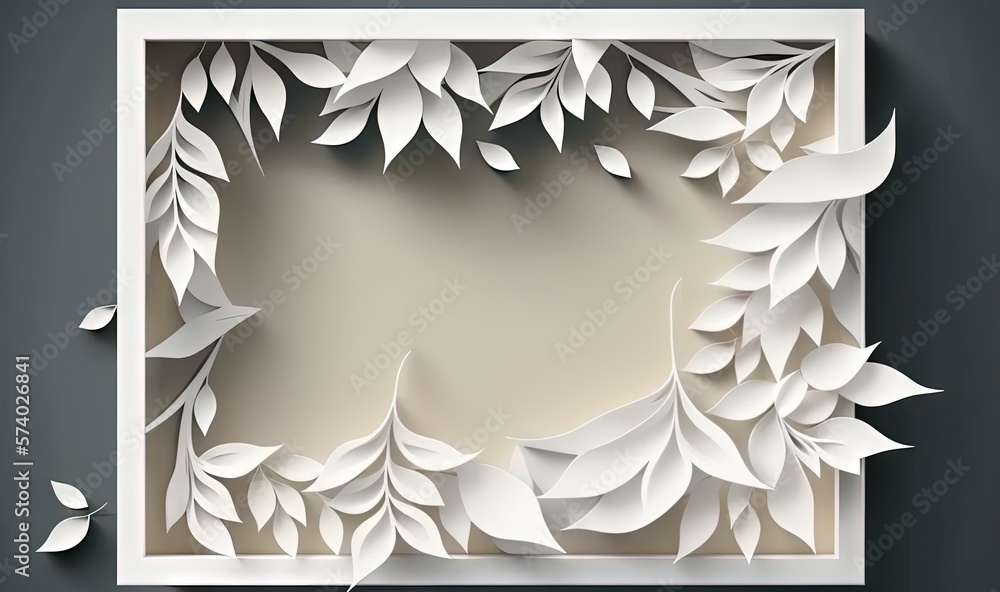  a paper cut out of leaves on a gray background with a white frame.  generative ai