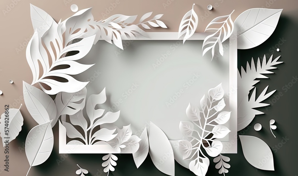  a paper cut out of leaves with a white frame on a gray background.  generative ai