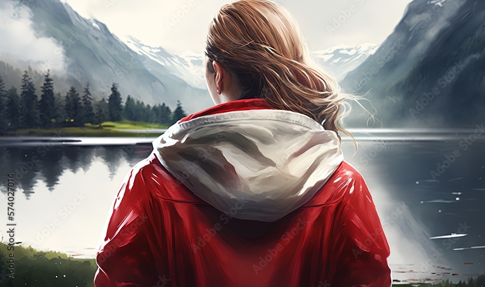  a painting of a woman in a red jacket looking at a mountain lake.  generative ai