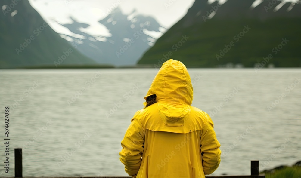  a person in a yellow rain coat looking out at a lake.  generative ai