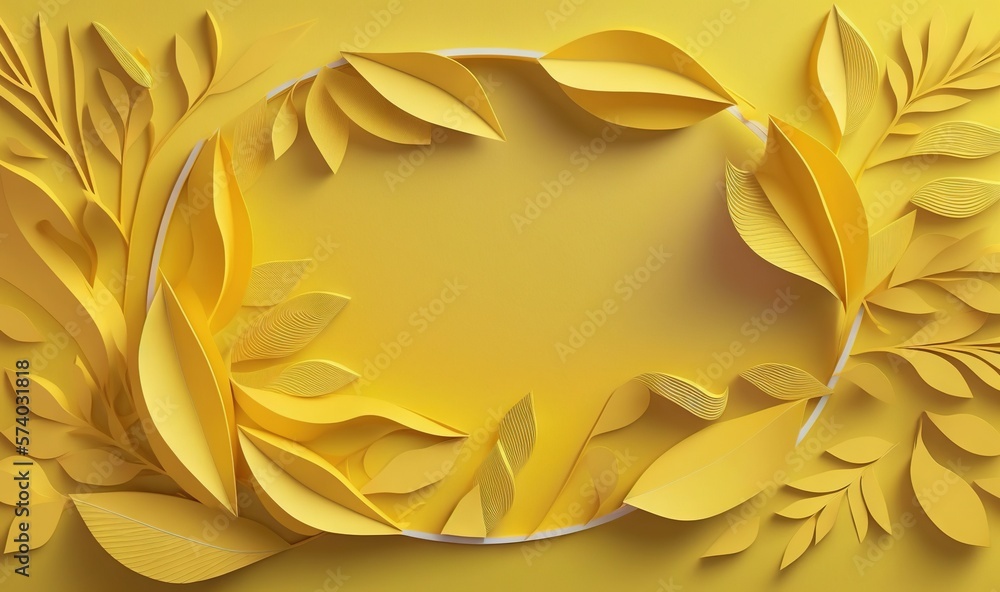  a yellow background with leaves and a round frame in the middle.  generative ai