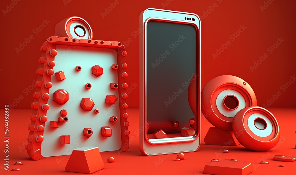  a cell phone is next to speakers and a speaker box on a red surface with a red wall in the backgrou