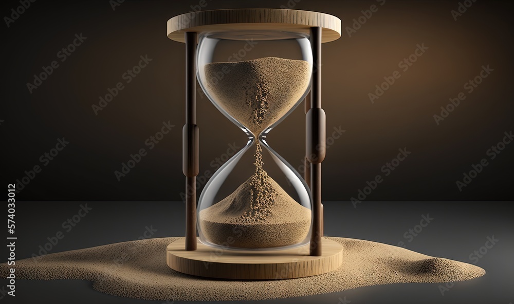  an hourglass with sand running through it on a dark surface with a light shining on the sand and a 