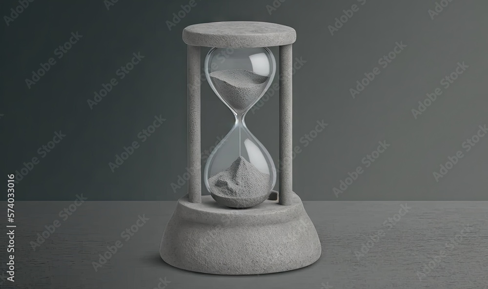  an hourglass with sand inside of it on a gray surface with a gray background and a gray wall behind