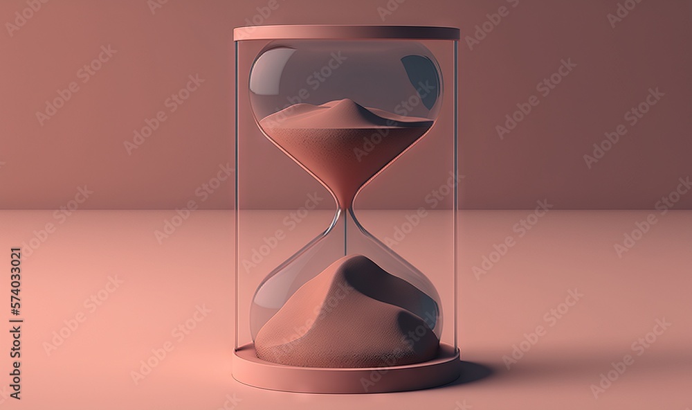  an hourglass with sand inside of it on a pink surface with a pink wall in the background and a pink