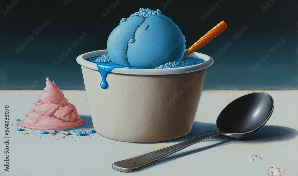  a painting of a scoop of ice cream next to a scoop of pink ice cream and a scoop of orange ice crea