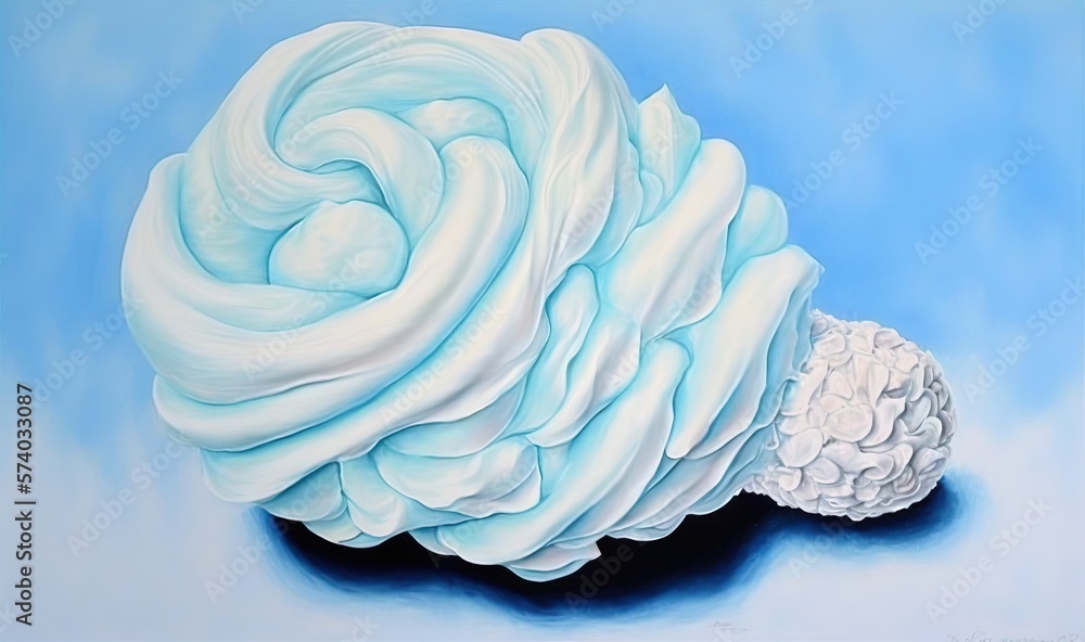  a painting of a white ball and a white flower on a blue background with a blue sky in the back grou