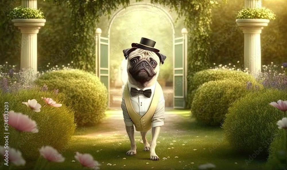  a pug dog dressed in a tuxedo and a top hat is walking through a garden with pink flowers and a arc