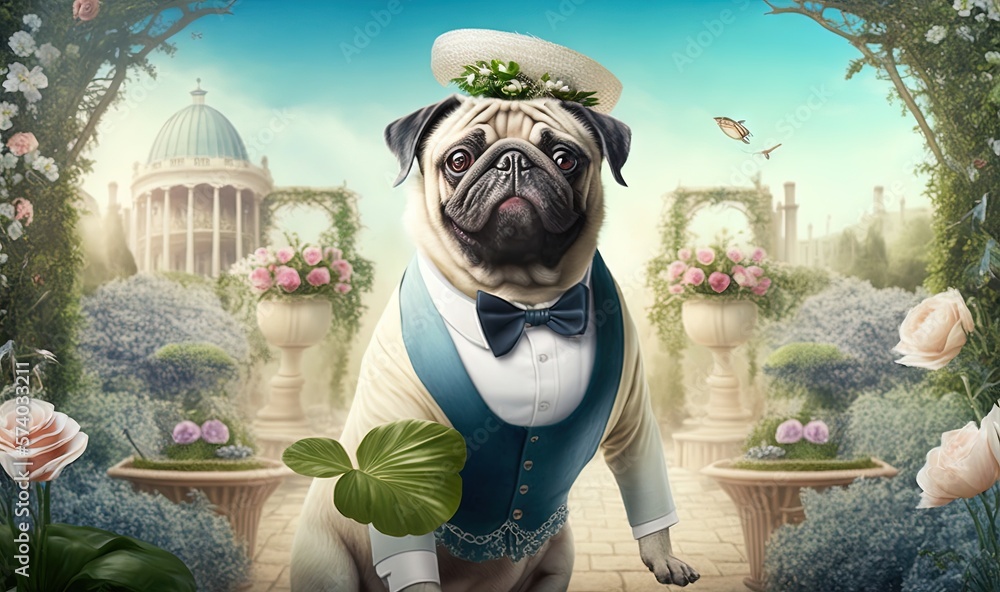  a pug dog dressed in a tuxedo and bow tie standing in front of a garden with roses and a fountain w