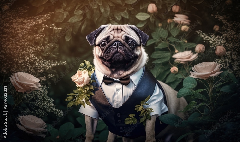  a pug dog dressed in a tuxedo with a flower in its mouth and a bow tie around its neck, standing in