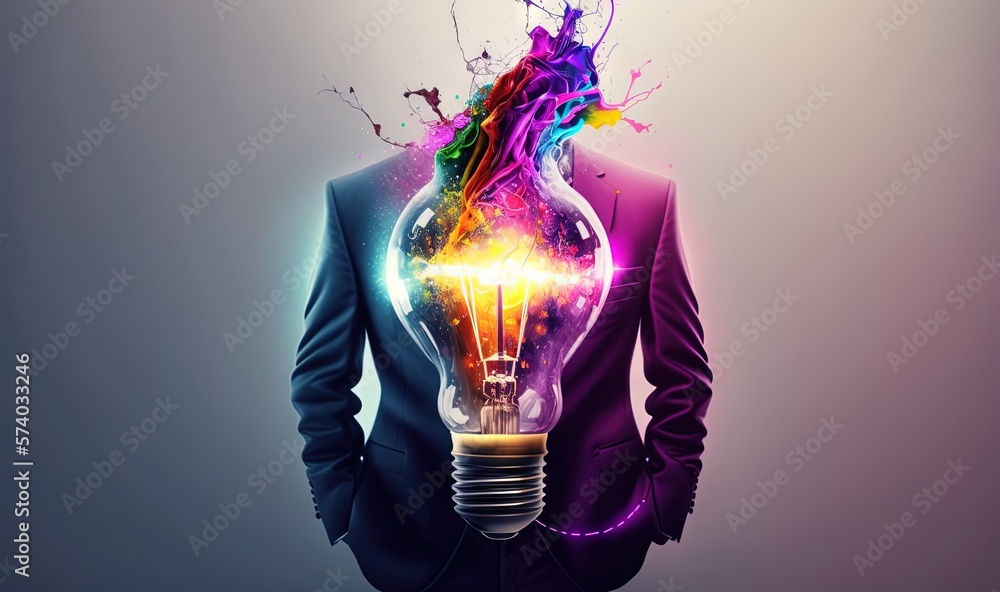  a man in a suit with a colorful light bulb in his head and a splash of paint coming out of the ligh