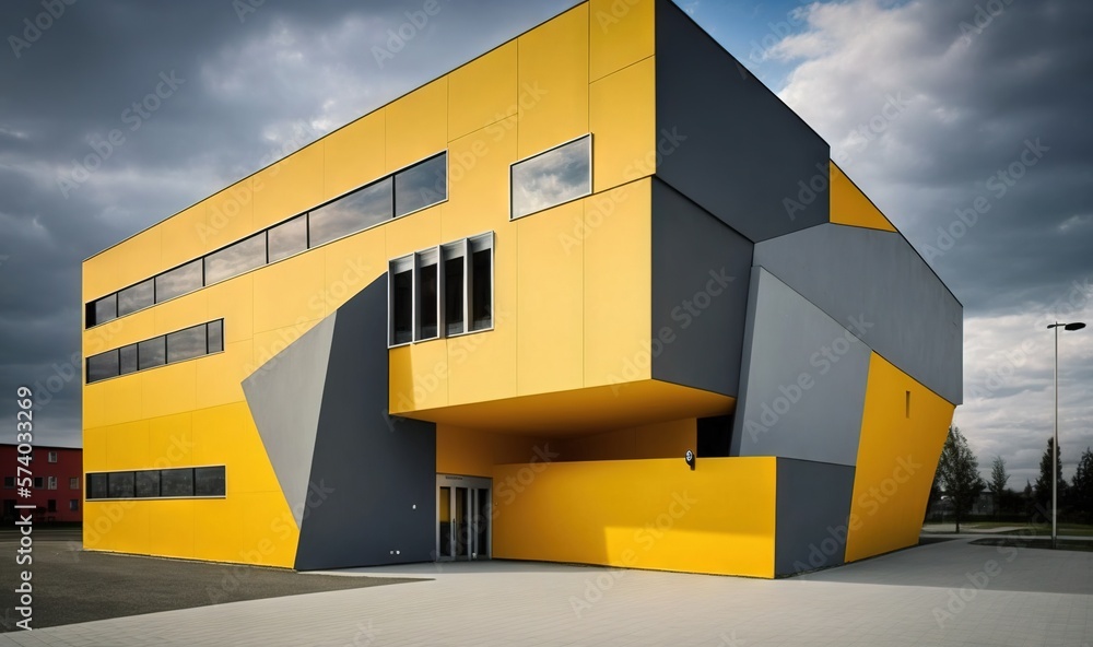  a yellow and grey building with a cloudy sky in the background of it and a parking lot in front of 