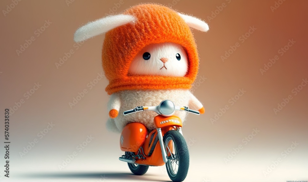  a stuffed animal is riding a motorbike with a hat on its head and a scarf on its head and a helmet