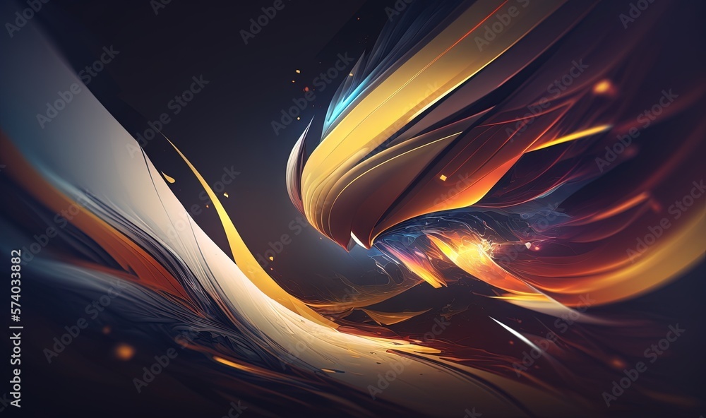  an abstract painting of a bird of prey in yellow, blue, and orange colors on a black background wit