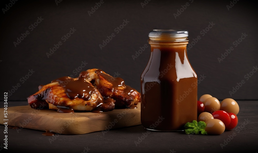  a bottle of barbecue sauce next to a pile of chicken wings and tomatoes on a cutting board with a k