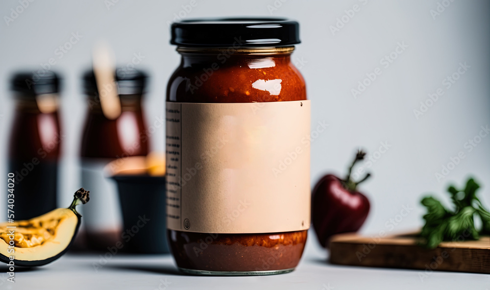  a jar of chili sauce next to some chili peppers and a slice of a melon on a cutting board with a kn