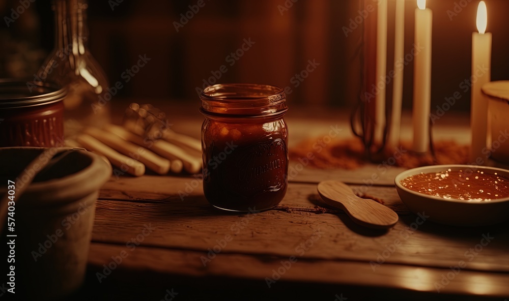  a jar of jam next to a spoon and a bowl of sugar on a table with candles in the background and a bo