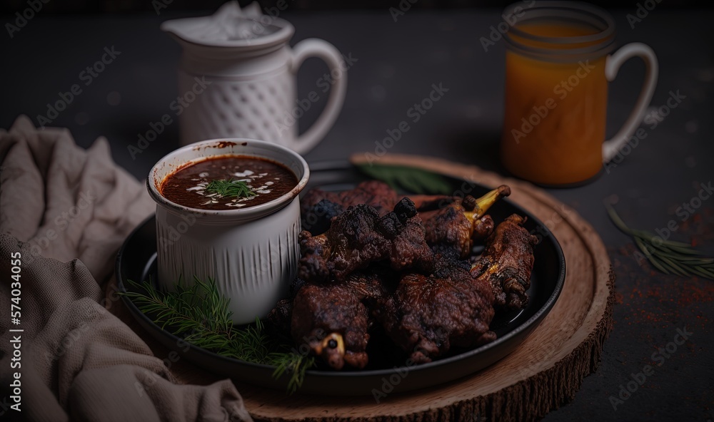  a plate of food on a table with a cup of sauce and a spoon on the side of the plate and a jar of or