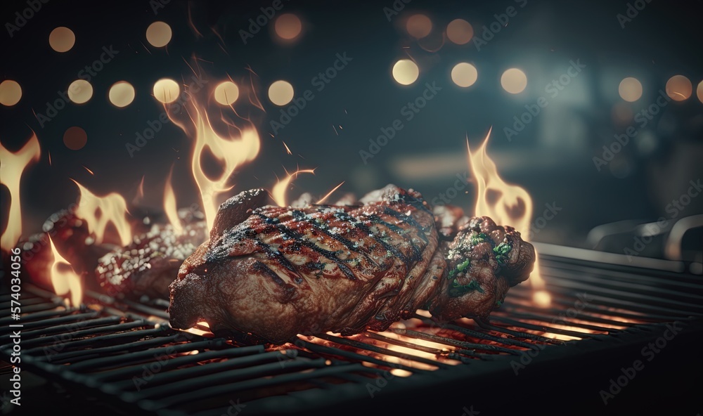  a steak is cooking on a grill with flames coming out of the top of the grill and on the side of the