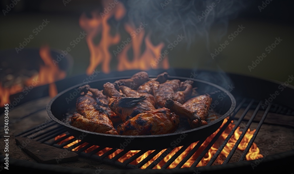  a grill full of meat on a grill with flames coming out of the grill and a fork in the foreground of