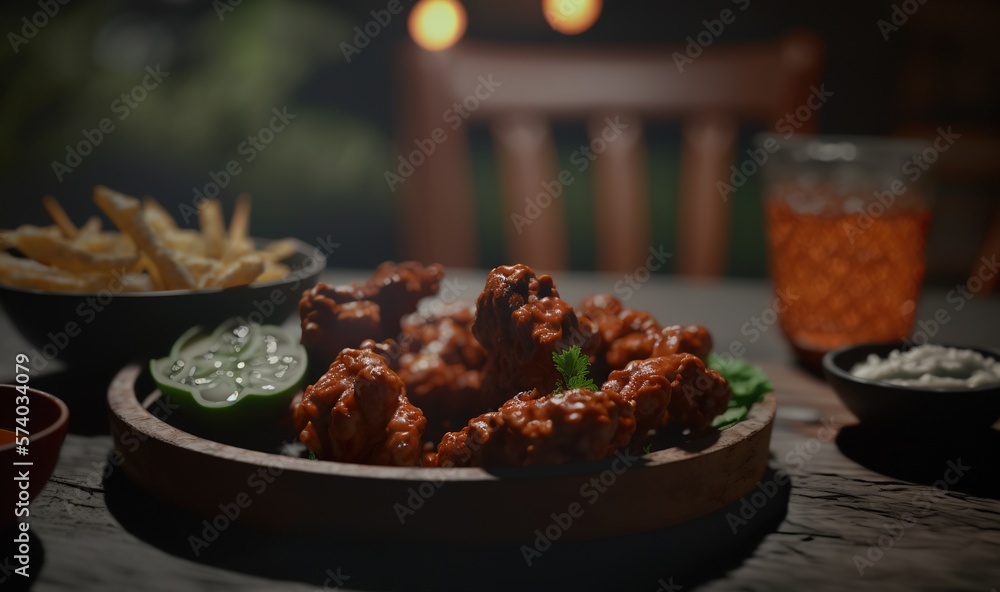  a wooden table topped with a plate of food and a bowl of chips next to a cup of sauce and a glass o